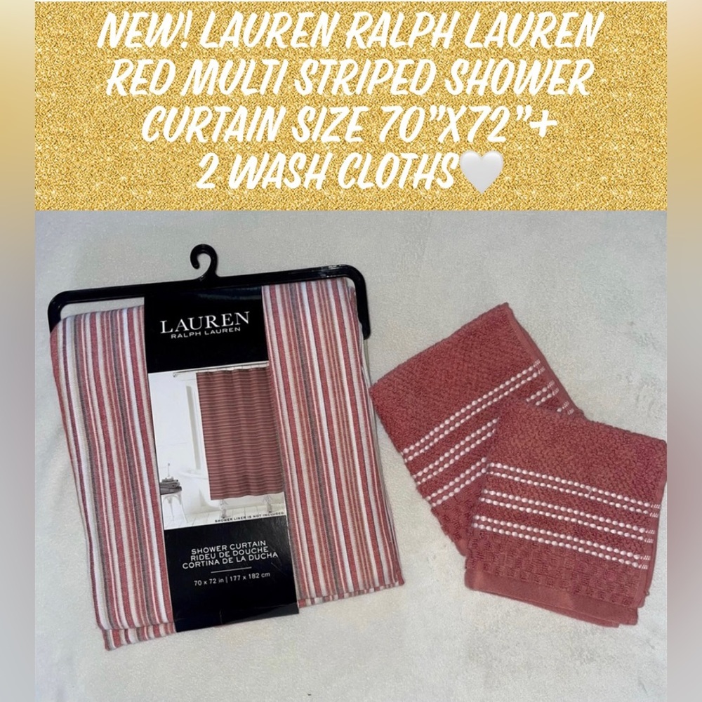 🎉HP🎉New! Lauren Ralph Lauren RedMulti Striped Shower Curtain70”x72”+2 WashCloths